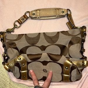 COACH CARLY SIGNATURE Canvas gold metallic Leather Trim Handbag HoboB0993-f10619